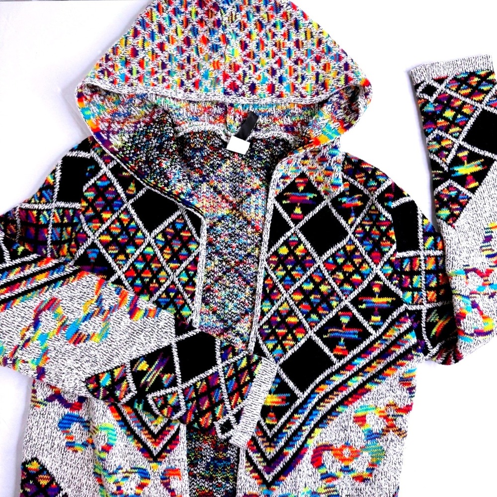 Pinklicious Rainbow Geometric Hooded Longline Cardigan Open Front Sweater Multi